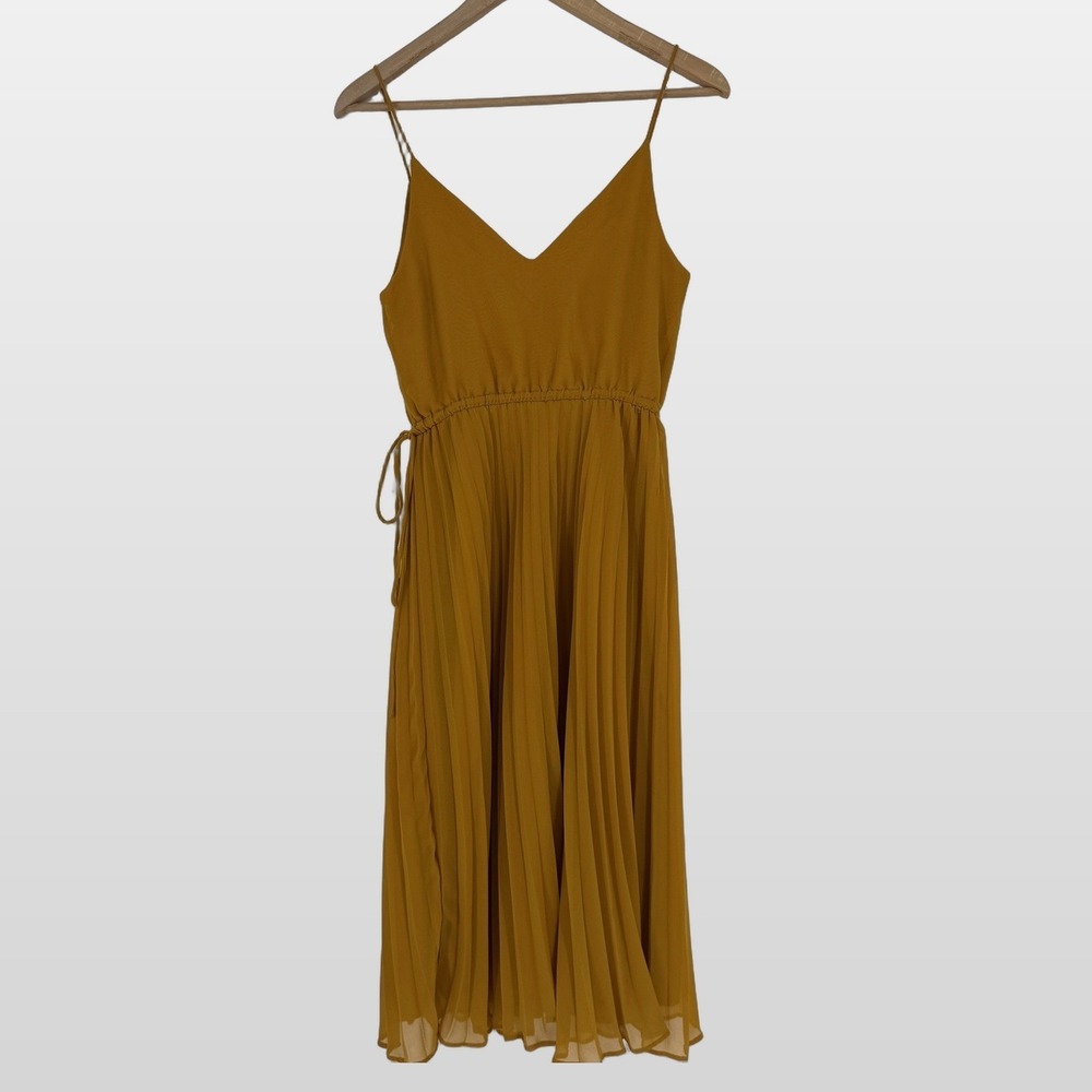 ASOS Pleated Midi Dress 4 Mustard Yellow Spaghetti Strap Elegant Wedding Guest - Picture 4 of 9